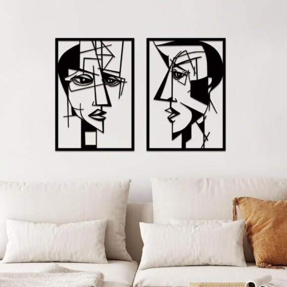 New 2 Pieces Black Abstract Lover Faces Metal Line Wall Art for Home Decor
